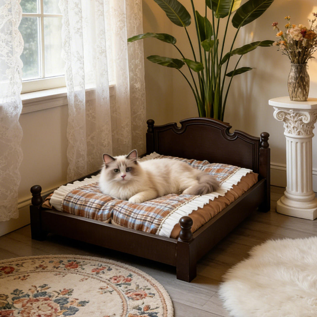 Retro Wooden Pet Bed with Removable Cushion, All-Season Indoor Bed for Cats and Small Dogs