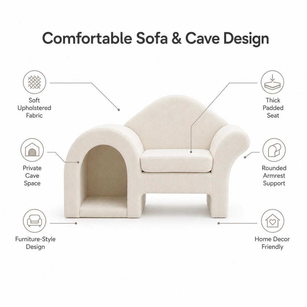 Modern Wooden Pet Sofa Bed with Upholstered Cushion, House-Style Pet Bed for Dogs and Cats